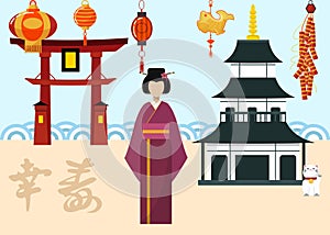 Japan travel postcard, poster, tour advertising vector illustration. World famous landmarks of Japan with pagoda and