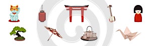 Japan Travel Symbols with Shamisen, Lantern, Beckoning Cat, Doll Figurine, Torii Gate, Bonsai Tree and Origami Vector