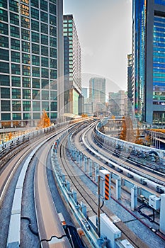 Japan Traveling. Cityscape View Taken From Monorail Odaiba Sky Train in Tokyo photo