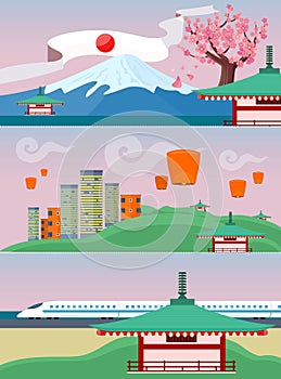 Japan Travelling Banner. Japanese Landmarks