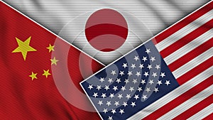 Japan United States of America China Flags Together Fabric Texture Effect Illustrations