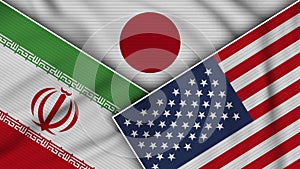 Japan United States of America Iran Flags Together Fabric Texture Illustration