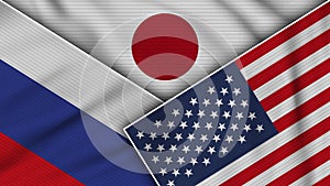 Japan United States of America Russia Flags Together Fabric Texture Illustration
