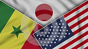 Japan United States of America Senegal Flags Together Fabric Texture Illustration