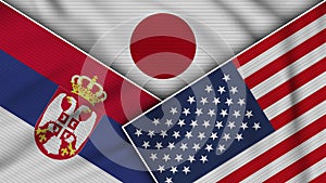 Japan United States of America Serbia Flags Together Fabric Texture Illustration