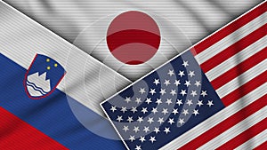 Japan United States of America Slovenia Flags Together Fabric Texture Illustration