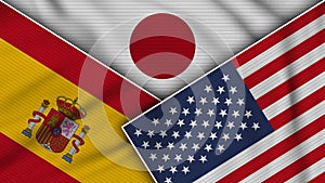 Japan United States of America Spain Flags Together Fabric Texture Illustration