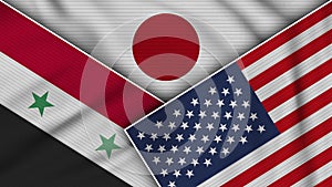 Japan United States of America Syria Flags Together Fabric Texture Illustration