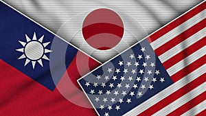Japan United States of America Taiwan Flags Together Fabric Texture Illustration