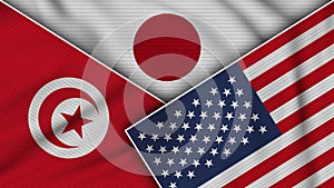 Japan United States of America Tunisia Flags Together Fabric Texture Illustration