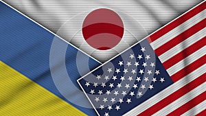 Japan United States of America Ukraine Flags Together Fabric Texture Illustration