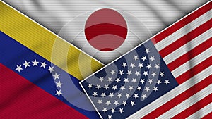 Japan United States of America Venezuela Flags Together Fabric Texture Illustration