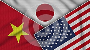 Japan United States of America Vietnam Flags Together Fabric Texture Illustration