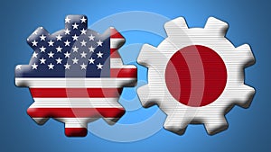 Japan and USA United States of America Wheel Gears Flags â€“ 3D Illustrations