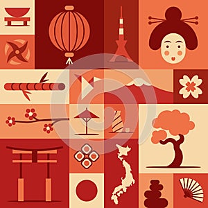 Japan, vector flat illustration, icon set, landmark background. Bonsai, flower, stone, fun, woman face, lantern, food, flag,