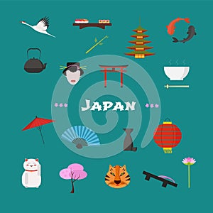 Japan vector illustration with Japanese famous landmarks, lantern, fan, other objects