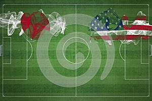 Japan vs United States Soccer Match, national colors, national flags, soccer field, football game, Copy space