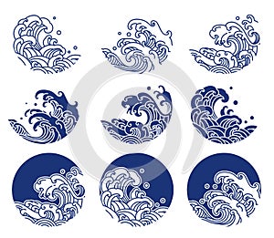 Japan water and ocean wave line logo illustration