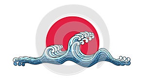 Japan wave, big red sun illustration