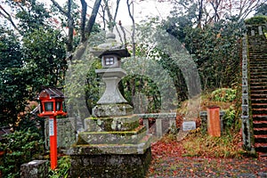 Japan zen path in a garden, park in autumn season and maple tree