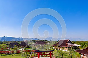Japanase Culture Hinoki Town in Chiang Mai Thailand.Bird`s eye view of the ancient city of Japan Against the blue sky