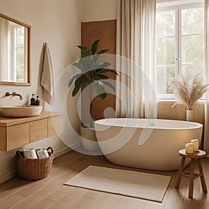 Japandi Bathroom with freestanding tub and natural elements