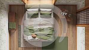 Japandi bedroom with wallpaper and wooden walls in green and beige tones. Parquet, master bed, carpets and decors. Japanese