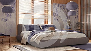 Japandi bedroom with wallpaper and wooden walls in purple and beige tones. Parquet floor, master bed, carpets and paper lamp.