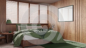 Japandi bedroom with wooden walls and frame mockup in green and beige tones. Double bed with pillows, carpets and decors. Minimal