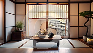 Japandi concept of living room interior with design wooden commode