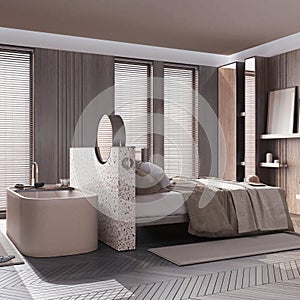 Japandi dark wooden bedroom with bathtub in white and beige tones. Double bed, freestanding bathtub, parquet floor. Modern