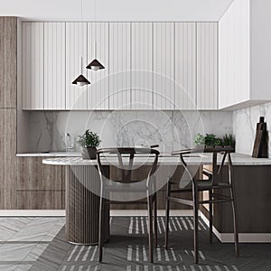 Japandi dark wooden kitchen in white tones. Dining island with chairs. Herringbone parquet floor and potted plants. Contemporary