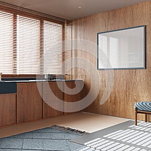 Japandi kitchen with wooden walls and frame mockup in blue tones. Cabinets, carpets and decors. Minimal interior design