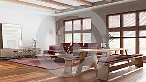 Japandi living and dining room in white and red tones. Fabric sofa and wooden dining table with benches. Minimalist modern