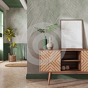 Japandi living room in green and beige tones. Wooden chest of drawers with frame mockup. Marble floor and wallpaper. Modern