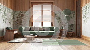 Japandi living room with wallpaper and wooden walls in green and beige tones. Parquet floor, fabric sofa, carpets and decors.