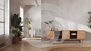 Japandi living room in white and beige tones. Wooden chest of drawers with wall mockup. Marble floor and wallpaper. Modern