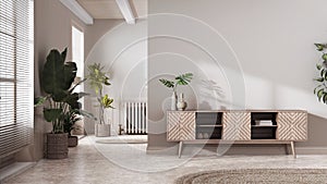 Japandi living room in white and bleached tones. Wooden chest of drawers with wall mockup. Marble floor and wallpaper. Modern