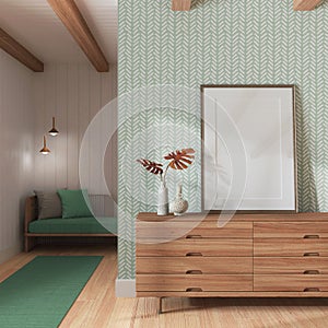 Japandi living room in white and green tones. Wooden chest of drawers with frame mockup. Parquet and wallpaper. Modern interior