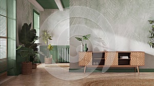 Japandi living room in white and green tones. Wooden chest of drawers with wall mockup. Marble floor and wallpaper. Modern