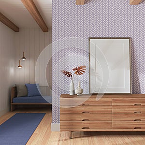 Japandi living room in white and violet tones. Wooden chest of drawers with frame mockup. Parquet and wallpaper. Modern interior