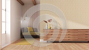 Japandi living room in white and yellow tones. Wooden chest of drawers with wall mockup. Parquet and wallpaper. Modern interior