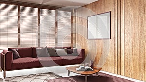 Japandi living room with wooden walls and frame mockup in red tones. Fabric sofa with pillows, carpets and decors. Minimal