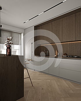 Japandi modern minimalist style apartment kitchen interior design. Ceiling with lighting. Decoration wooden cabinet and