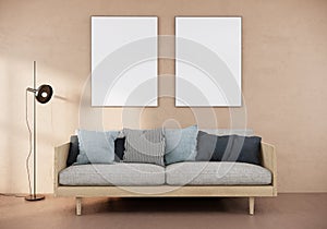 Japandi and modern scandinavian living room interior with wooden sofa blue and grey pastel color pillows empty photo frame