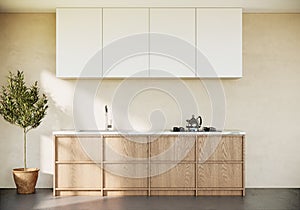 Japandi modern scandinavian style apartment interior with kitchen design
