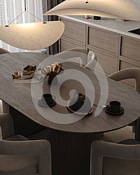 Japandi modern scandinavian style diningroom interior design. Large wooden table with dishes and warm lamp. Top view. 3d