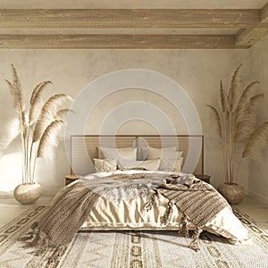 Japandi style in farmhouse interior bedroom. Beige apartment with natural wooden furniture and dry plants. Wall mock up