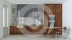 Japandi trendy wooden kitchen and dining room in white and gray tones. Wooden cabinets, table, contemporary wallpaper and marble