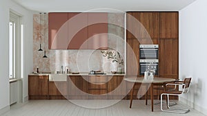 Japandi trendy wooden kitchen and dining room in white and orange tones. Wooden cabinets, table, contemporary wallpaper and marble